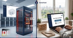 Dizüstü bilgisayar ekranında açık olan Saviorhost Keyhelp paneli üzerinden tek tıklamayla kurulan bir WordPress sitesi arayüzü.